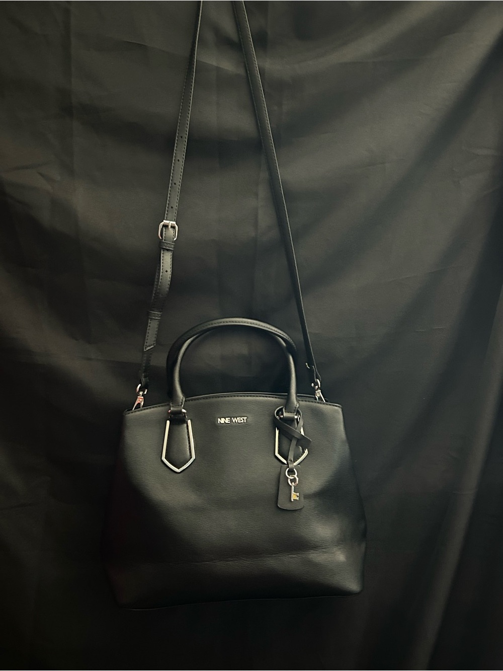 Nine West Black Pebbled Satchel Shoulder Bag Removable Crossbody Strap